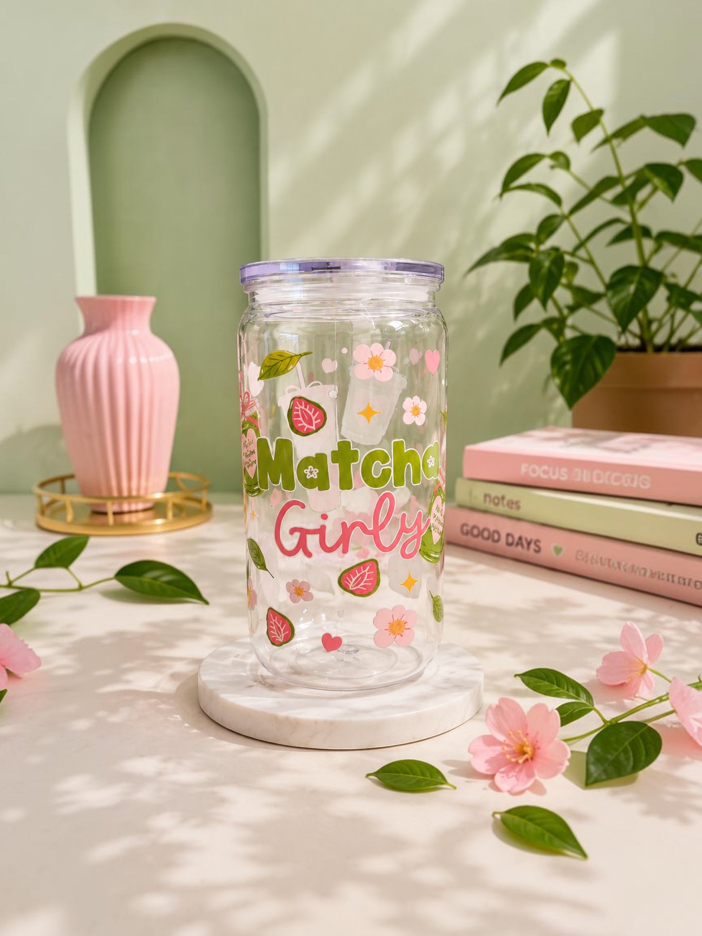 Xodes Matcha Girly glass cup with pink and green floral print for cold drinks, 16oz capacity