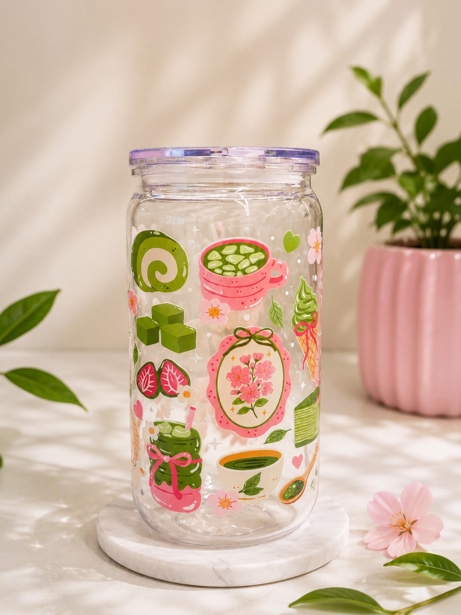 Xodes Matcha Blossom cup featuring green and pink floral and dessert illustrations on a clear 16oz cold drink glass.