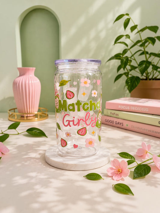 Xodes Matcha Girly glass cup with pink and green floral print for cold drinks, 16oz capacity